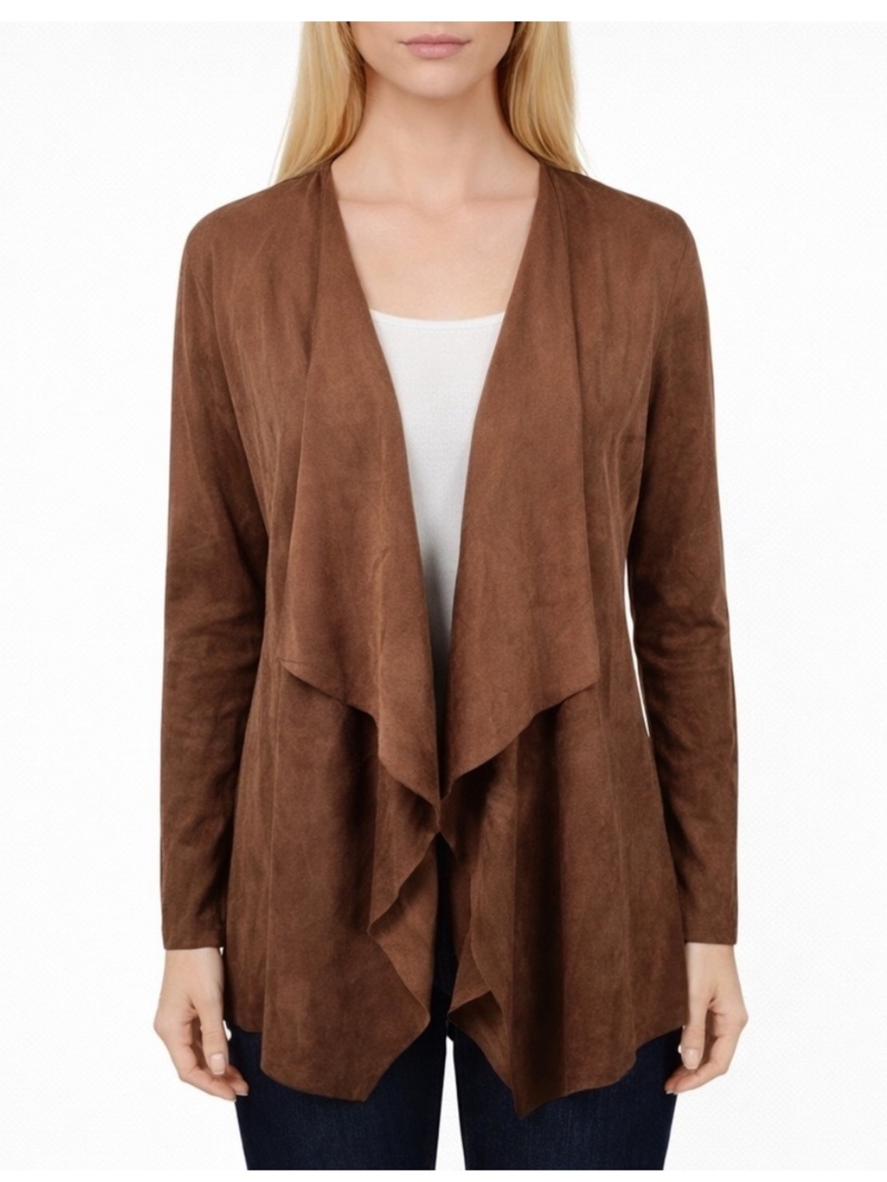 Soft Surroundings Shape Drape Faux Suede Jacket Brown Open
Front Cardigan Sz PXL